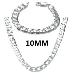 925 Sterling Silver classic Solid 10mm Geometric Bracelet Necklace for Men's woman Jewelry sets Fashion Party wedding