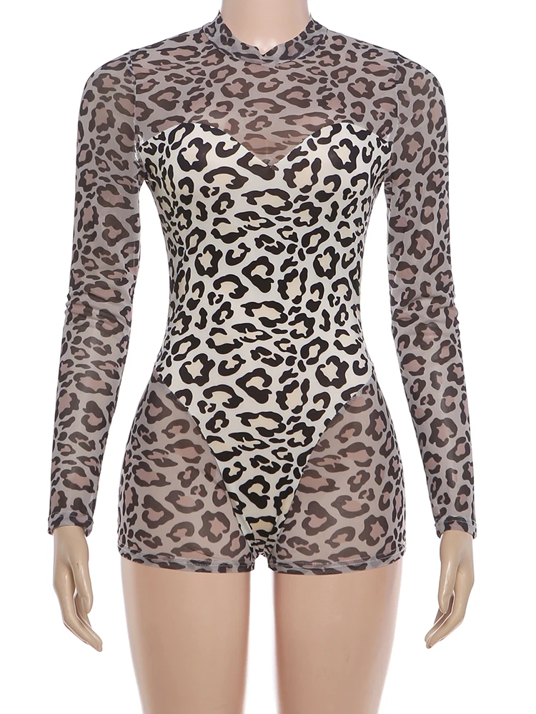 Weird Puss Leopardenmuster-Overalls für Damen, Herbst-Trend, Mesh-Patchwork, O-Ausschnitt, lange Ärmel, Mitternacht, Club, Party, sexy, modische Playsuits – Detail 3