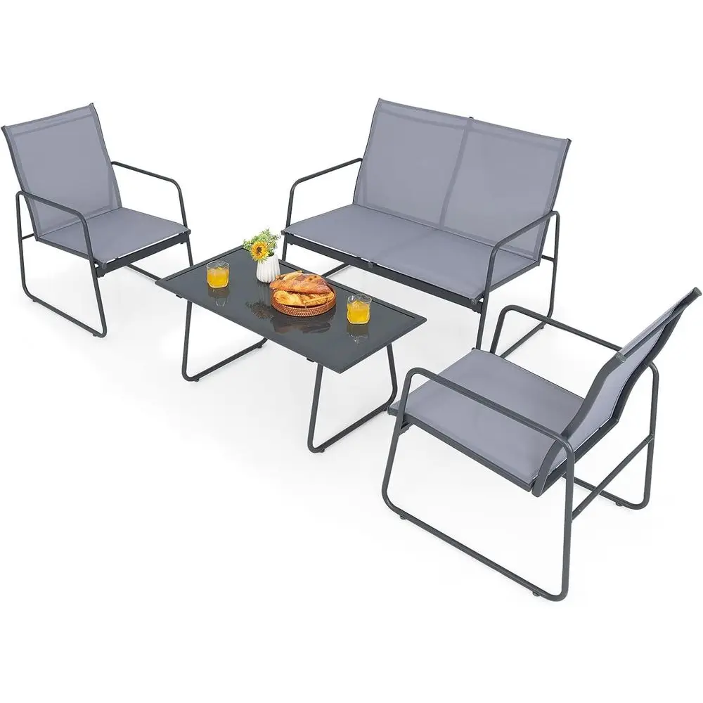 

Patio Furniture Set, Outdoor Conversation Set with 2 Patio Dining Chairs, Tempered Glass Coffee Table, Anti-Rust Steel Frame for