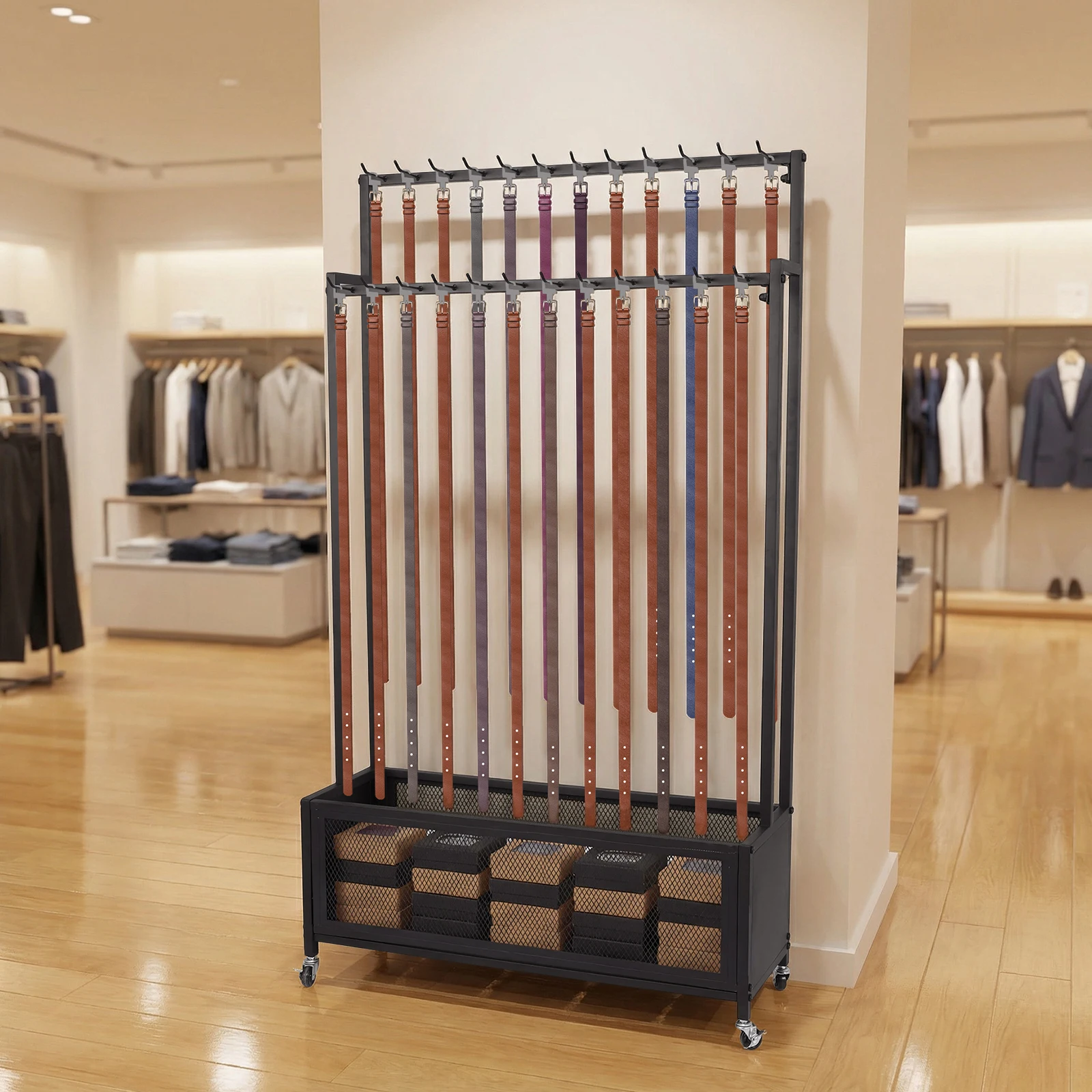 2-Tier Floor Standing Belt Display with Wheels & Hooks Floor Standing Belt Hangers for Bedroom Store Clothing Retail Business