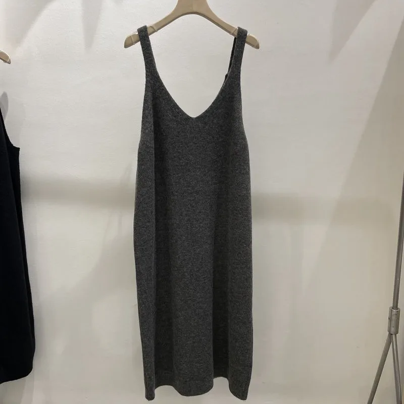 Vestidos femininos outono sem mangas de malha botão design sólido all-match camadas coreano elegante atraente minimalista diariamente