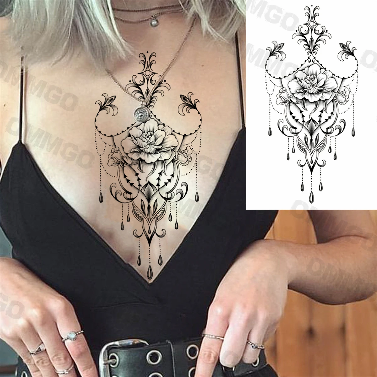 3D Black Mandala Calf Temporary Tattoos For Women Adult Lotus Rose Flower Fake Tattoo Sticker Waterproof Back Chest Tatoos Decal