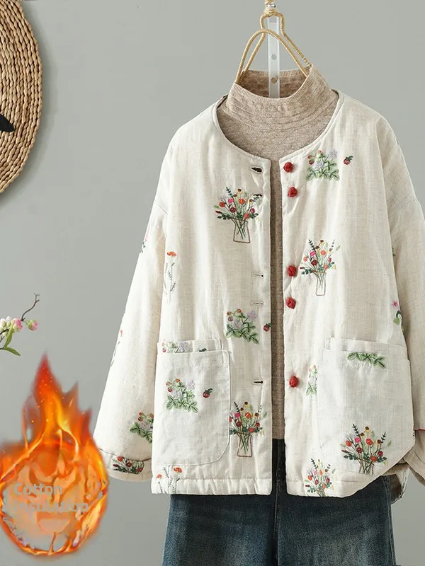 

New Chinese Sle Heavy Embroidery Cotton Jaet Linen Loose Thi Warm Winter Coat Long Sve round Ne Button up Coat
