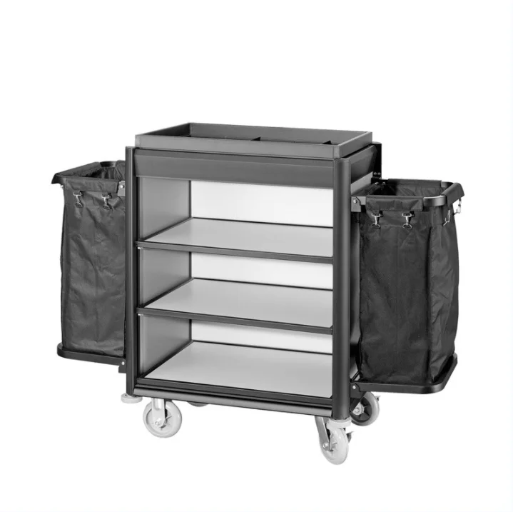 Multifunctional Gray Black Blue Plastics Janitorial Cart Cleaning Trolley With Locking Storage Bag Shelves