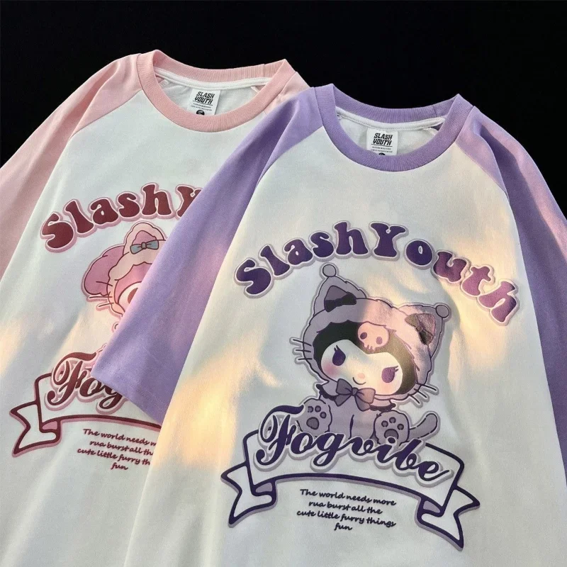 

Sanrio Melody Graphic T Shirts Kawaii Clothes Cartoon Kuromi Raglan Short Sleeve Tshirt Girl Summer Loose Original Sweet Y2k Top