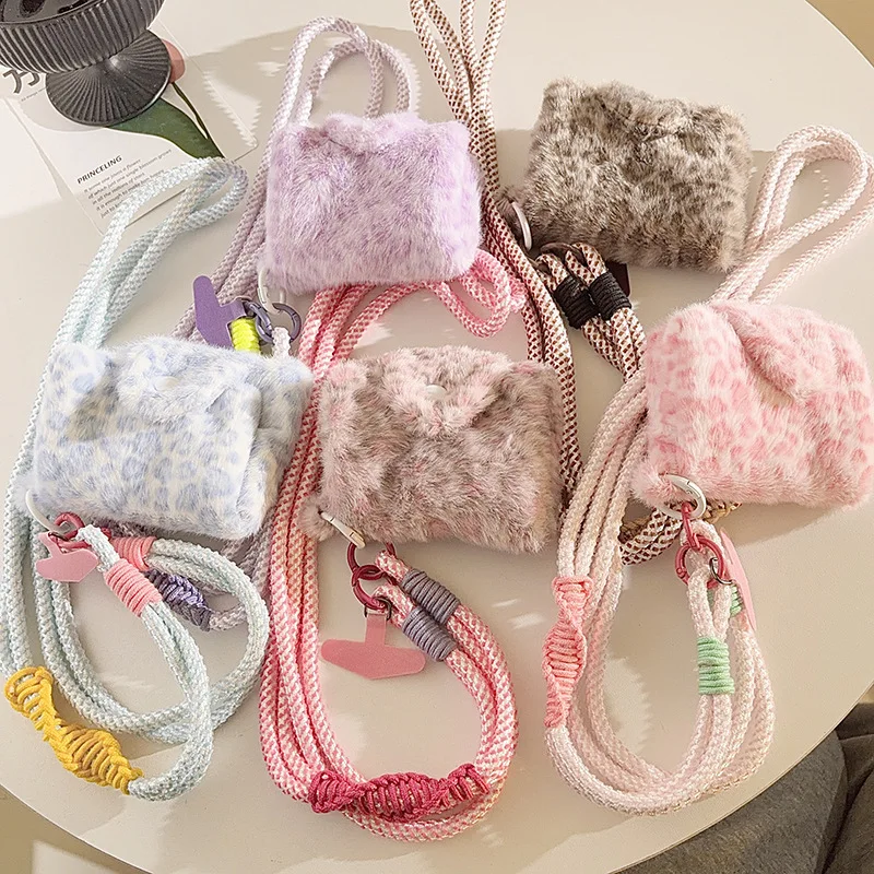 

Trendy Ins Sweet Pink Leopard Print - Plush Coin Purse Mini Storage Phone Lanyard/Long Crossbody Strap Anti-Theft/Anti-Snatch