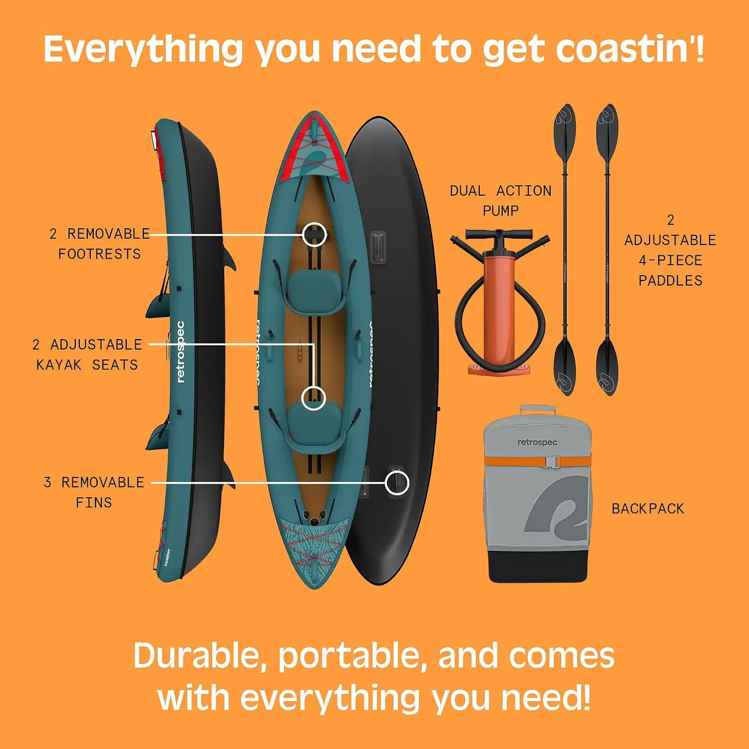 Retrospec Coaster Single Tandem Inflatable Kayak 1-2 Paddlers Adult Use PVC Material 220/440lb Capacity Portable Lightweight 4m