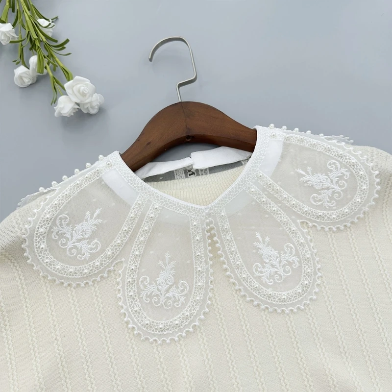 Women Embroidery Petal Detachable Cape Faux Collar Elegant Pearls Beaded Shawl Wrap Collar for Evening Dress and Casual Outfits