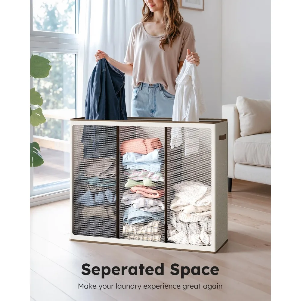

Popular-3 Section Laundry Hamper with Lid Extra Large Laundry Basket Organizer Sturdy Handle for Bedroom Laundry Room
