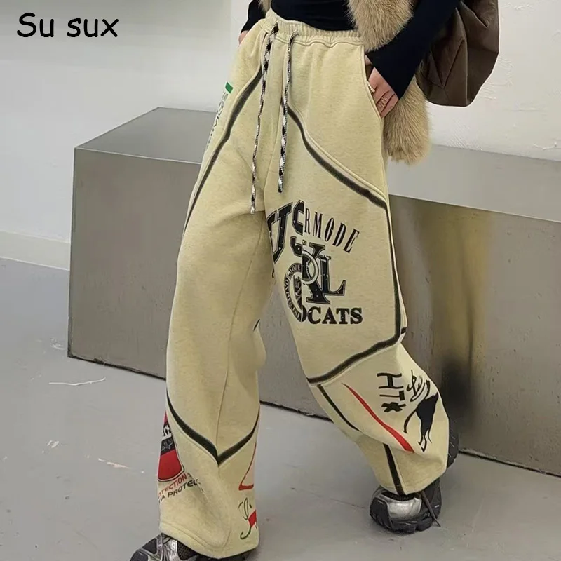 سراويل كبيرة الحجم مطبوعة بحروف عتيقة سراويل نسائية شتوية من الصوف غير رسمية بلوزات على الموضة اليابانية الكورية Vestdios Y2k #1