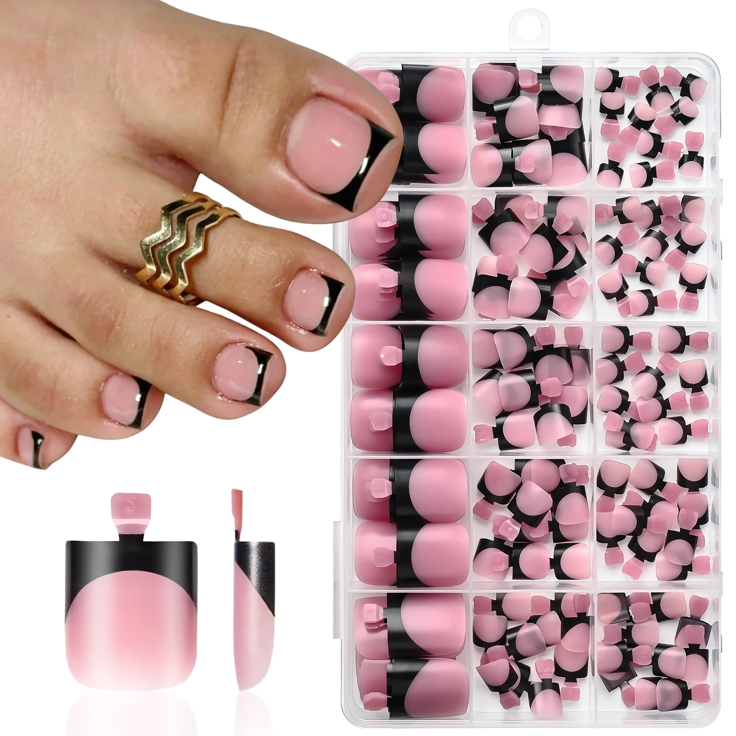 150 Stück schwarze, französische, rosarote, künstliche Zehennägel, kurze, quadratische, matte, schwarze, französische Press-On-Gel-Zehennägel, sommerlich tragbare, künstliche Nägel – Detail 3