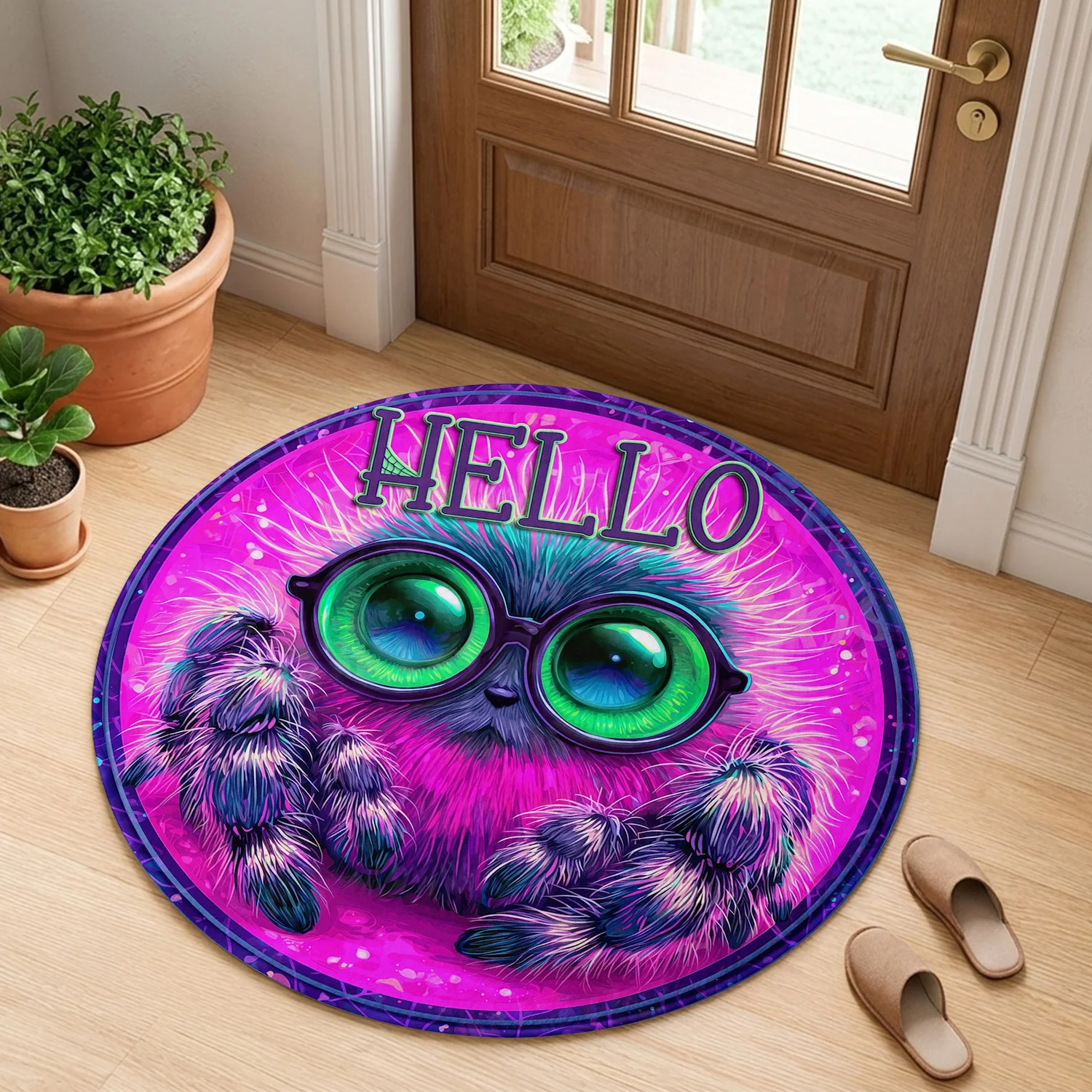 Hello Cute Fluffy Spider Green Glasses Pink Background Pattern Holiday Luxury Round Mat Elegant Area Rug Home Decor