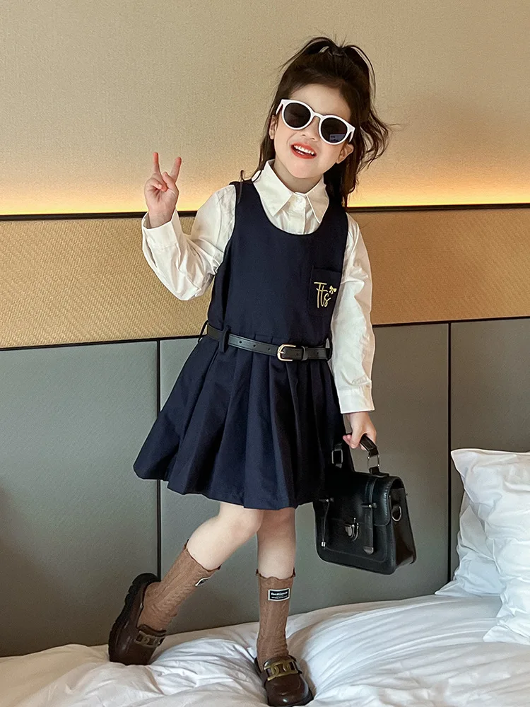 Girls' Preppy Style Suit2024Autumn New Solid Color Shirt Embroidered Letter Vest Skirt+Belt Children's Fashion