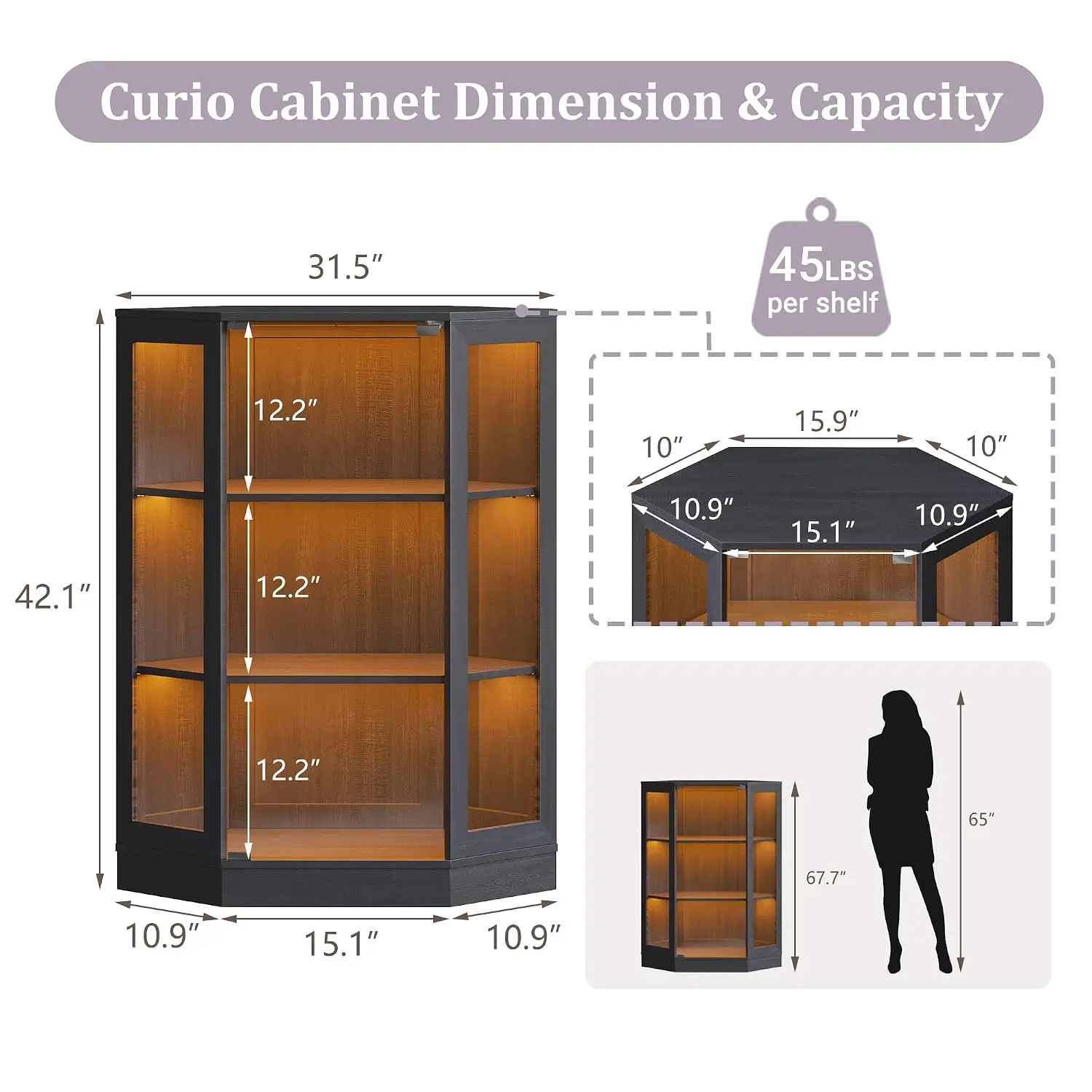 42’’ Corner Glass Display Cabinet with RGB Lights, Curio Cabinet with Glass Doors for Collectibles, 3-Tiers Corner Storage Cabin