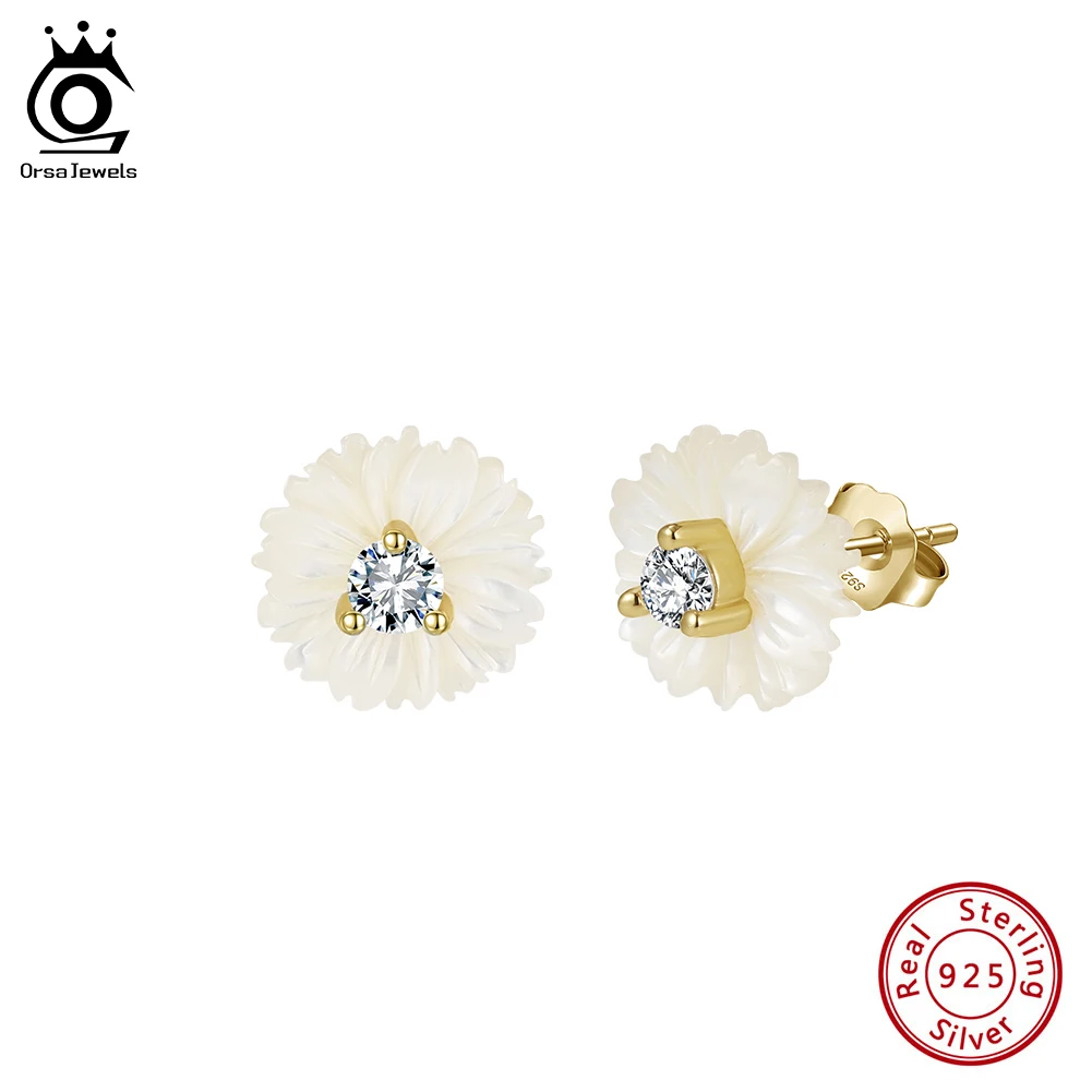 ORSA JEWELS 925 Sterling Silver Flower Stud Earrings Clear Zircon Shell Flower Shape Earrings Trendy Party Christmas Gifts PSE10