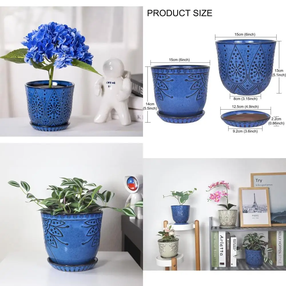 

Набор из 2 керамических горшков для растений с 6 бусинами, с дренажом, синий, для использования в помещении/на улице, идеально подходит для суккулентов и орхидей (Inne