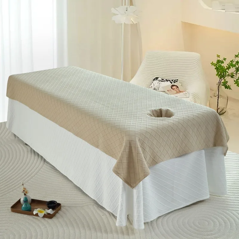 Plaid Wrinkle‑Resistant Cotton‑Knit Texture Bed Sheet with Hole for Beauty Salon Bed Covers for Massage Spa Use Skin-friendly