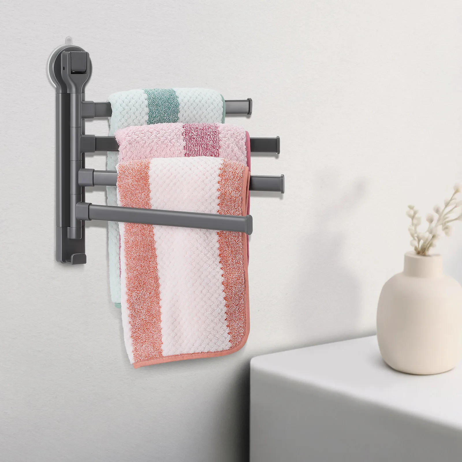 

Swing Out Towel Rack with 4 Rotatable Arms Suction Cup Design No Drill Bathroom Wall Holder Suction Cup Towel Rack Rotating