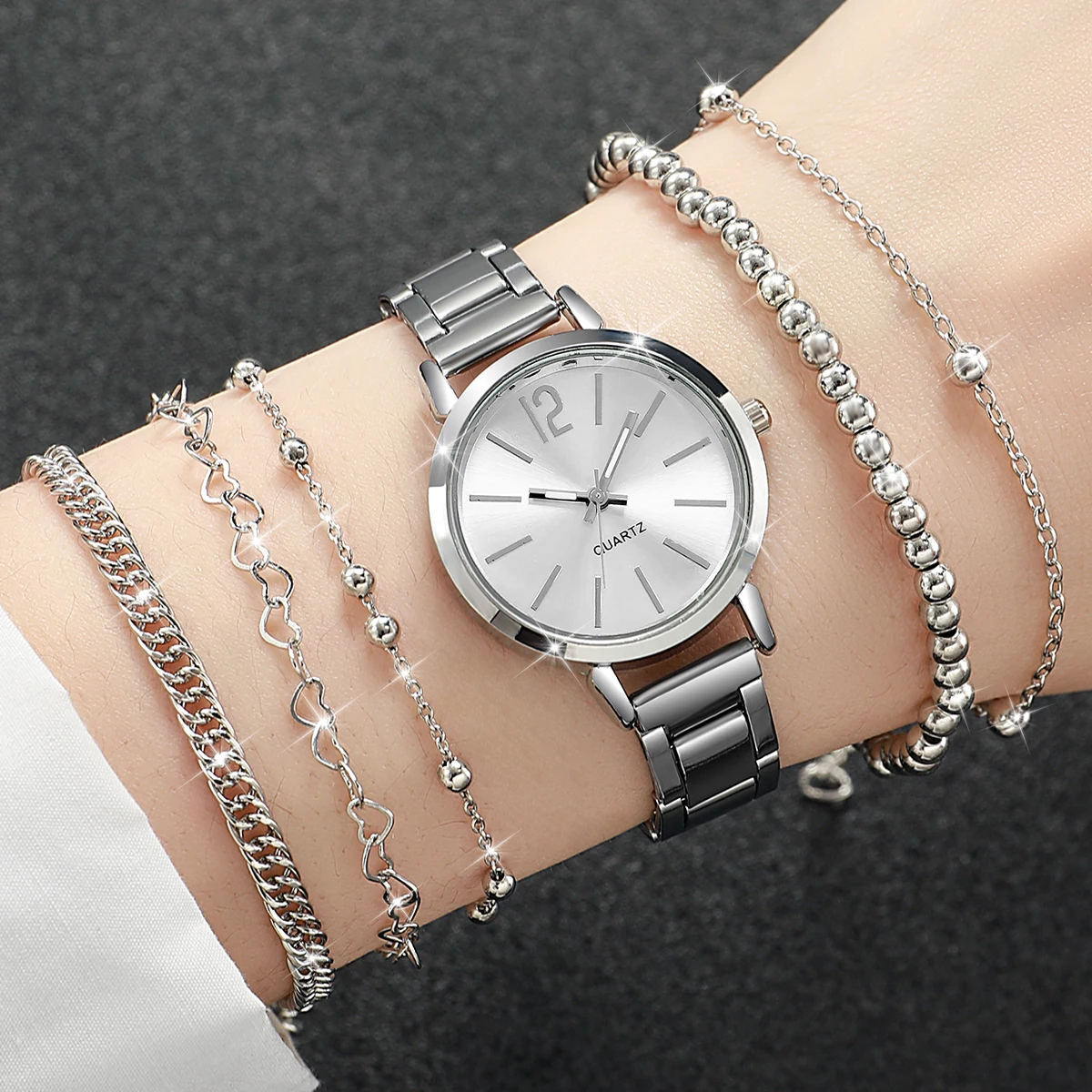 6PCS/Set Women Watches Bracelets Set Fashion Silver Stainless Steel Band Analog Quartz Watch