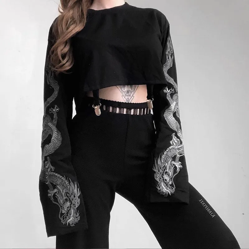 Black Women\'s Loose Crew Neck Dragon Print Cropped Top Sweatshirt Navel Cotton Pullover Streetwear