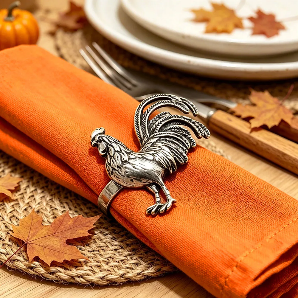 6Pcs Dvianna Rooster Napkin Rings Antique Silver Metal Napkin Holder Thanksgiving Farmhouse Dinner Table Decor