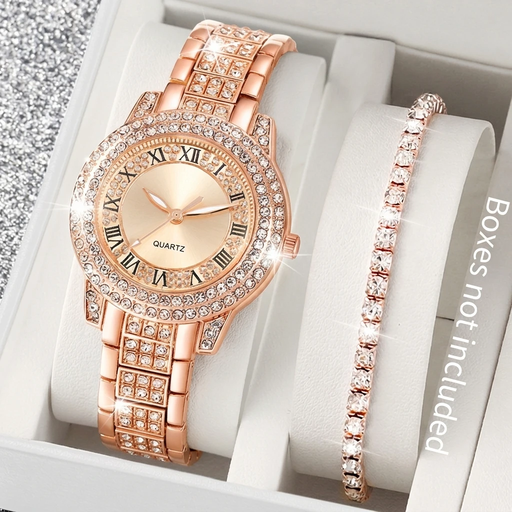 2PCS Fashion Rhinestone Roma Dial Women Quartz Watch Diamond Bracelet Set Steel Band Wristwatches Relogio Feminino（Without Box）