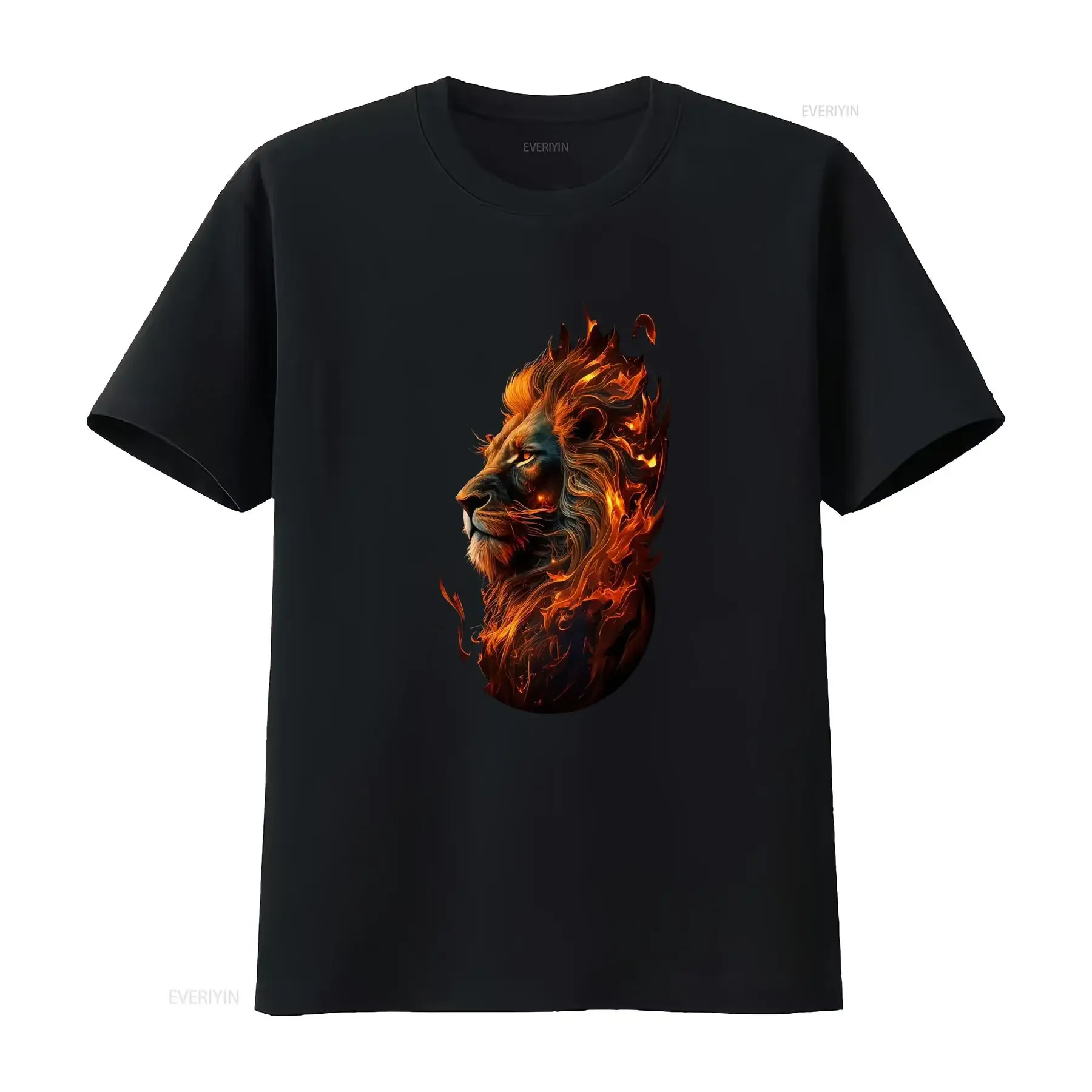 Cool Streetwear Fiery Flame Lion Head Print Casual T Shirt vintage Washed graphic fashion Stretched Stylish Comfortable