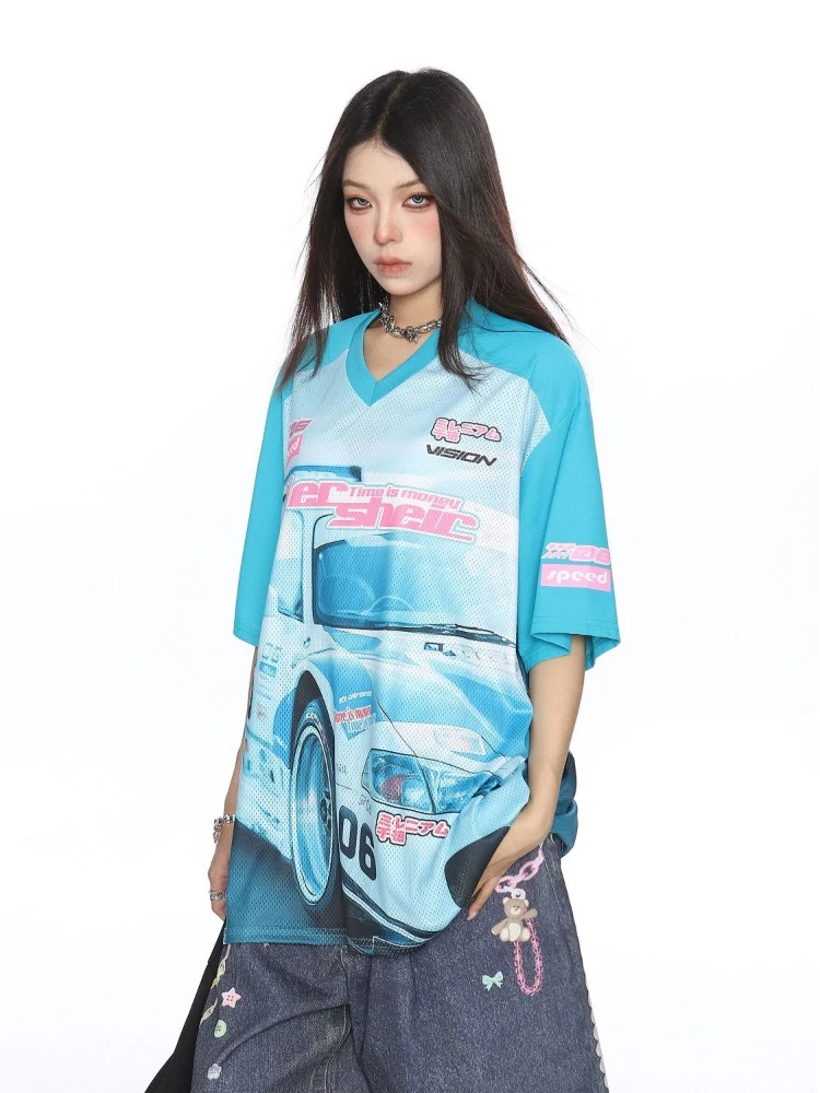 อเมริกันRetroตาข่ายRacingพิมพ์กราฟิกTเสื้อแขนสั้นVคอTเสื้อผู้หญิง 2025 ขนาดใหญ่เสื้อT Streetwearกีฬา