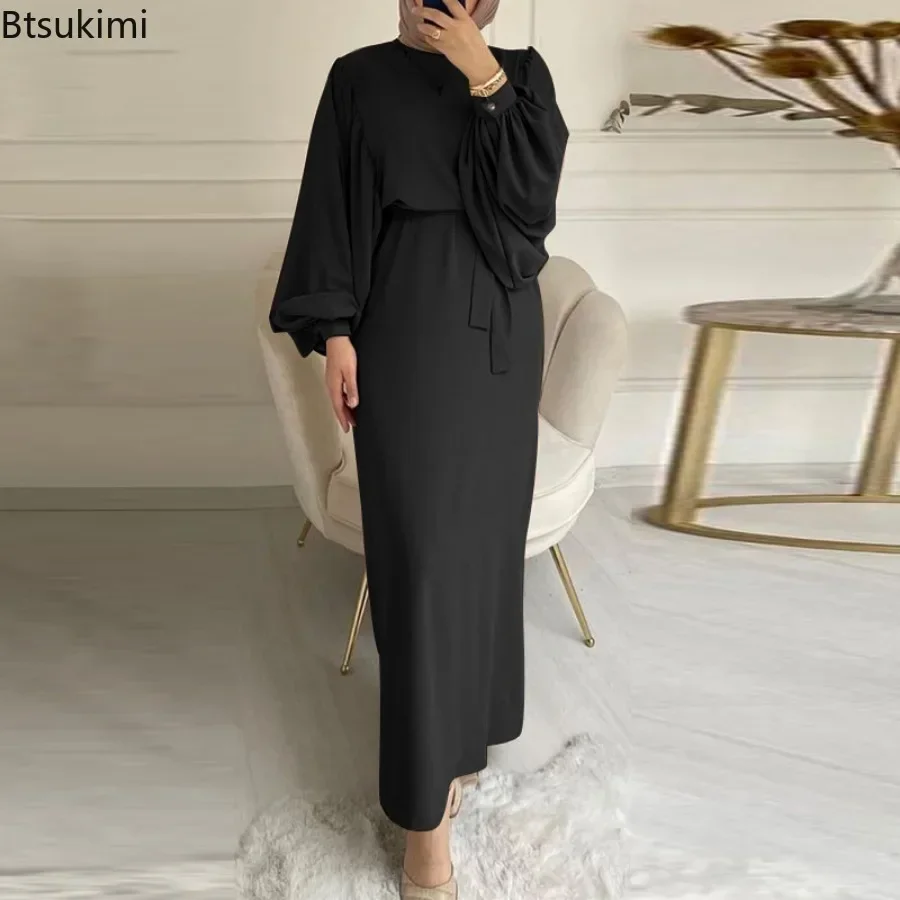New Fashion Muslim Elegant Modest Abaya for Women Vintage O-neck Lace-up Evening Dress Saudi Arab Solid Kaftan Casual Robe Femme
