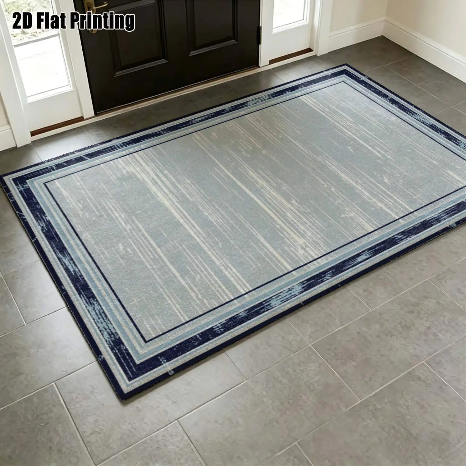 1Pc 2D Printed Carpet: Grey-Blue Retro Border, Modern Minimalist Nordic Style, Home Decor, Multi-Size, Machine Washable, Suitable for Multiple Settings