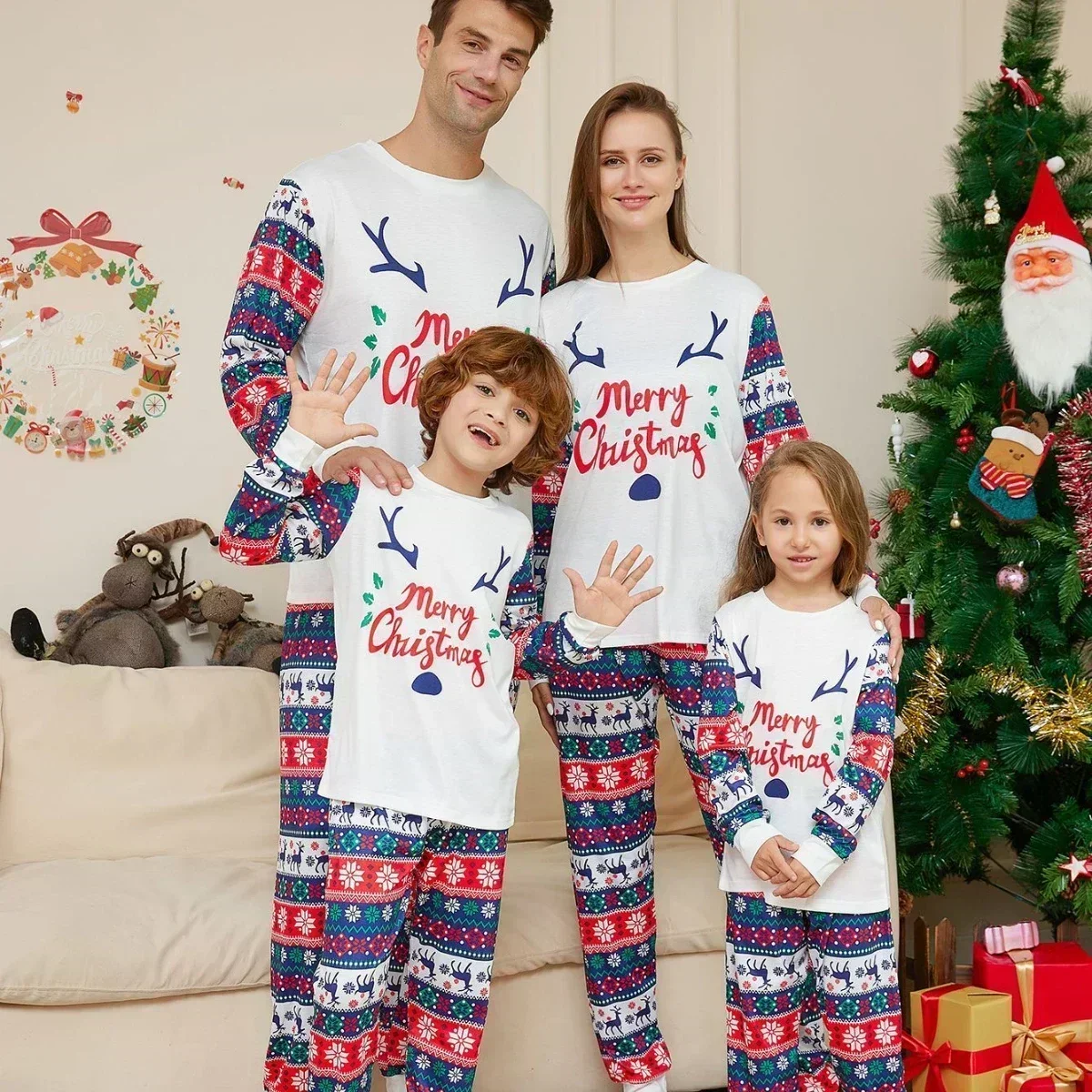 Merry Christmas Print Mom Daughter Dad Son Matching Pajamas Cute Soft Sleepwear 2 Pcs Suit Baby&Dog Romper Xmas Gift Family Look