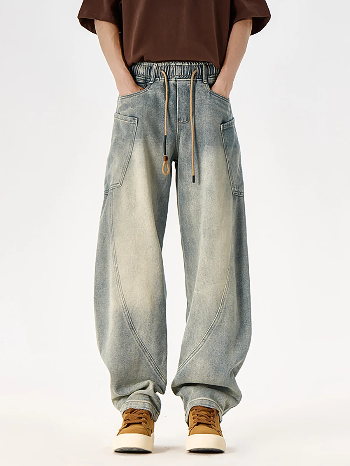 

Retro Washed Distressed Straight Leg Drawstring Waist Jeans Men Women Slimming American Style Loose Wide Leg Long Trousers