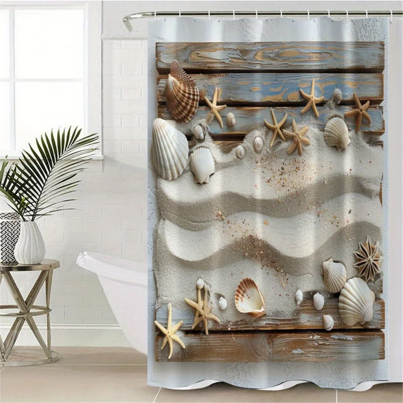 Starfish & Shell 3D Printed Shower Curtain Set - Waterproof, No-Drill Installation with Hooks Included, Machine Washable Polyest