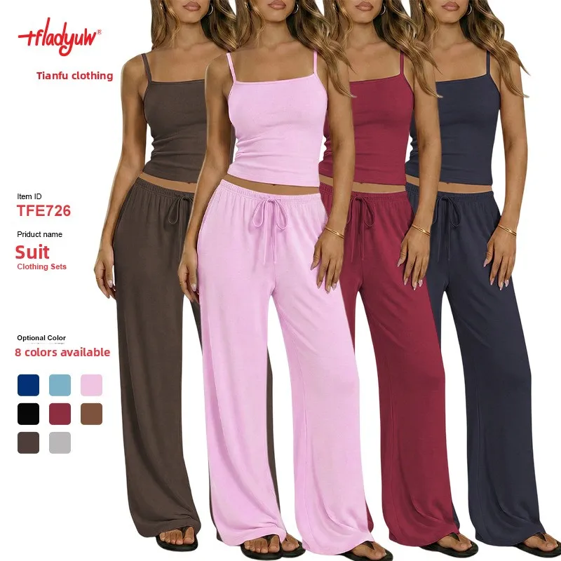 Square Neck Womens Pajama Set, Short Cropped Top & Long Pants Loungewear with Relaxed Fit, Casual Sleepwear for Fall