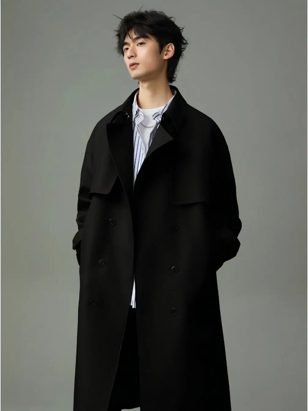 

Мужское зимнее пальто-тренч из бархата в стиле панк, удлиненное, с мягкими вставками, высококачественное, французский драпированный крой, черное, изысканное, для отпуска, BF