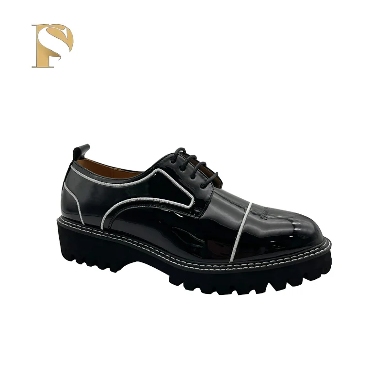 FABIO PENNY summer new men's business formal round head pu thick soled black leather shoes