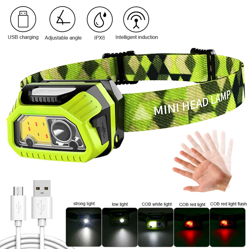 Mini Sense Headlamp XPE+COB LED Red&White Light Cycling Headlight USB Rechargeable Head Torch Camping Flashlight Built-in Battey