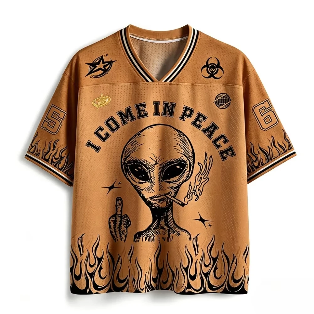 Alien Come In Peace UFO Flame Graphic Mesh Jersey V Neck Short Sleeve Loose Unisex Streetwear Hip Hop Sports Tee For Men Women