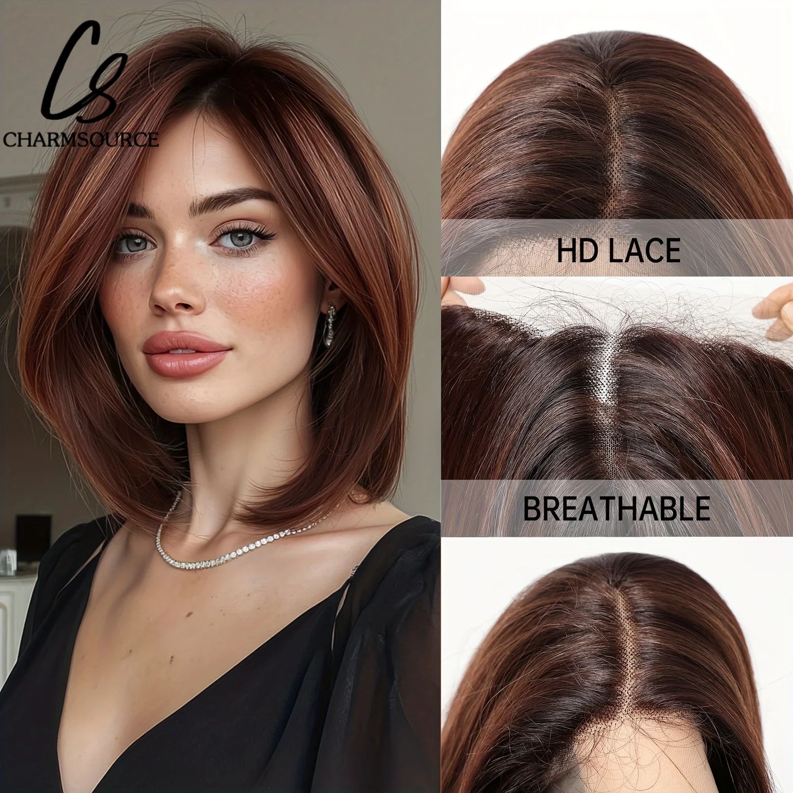 

Long Straight Auburn Reddish Brown Side Parted Short Bob Middle Part Wig 13x1x5 Lace Front Synthetic Hair for Women Daily