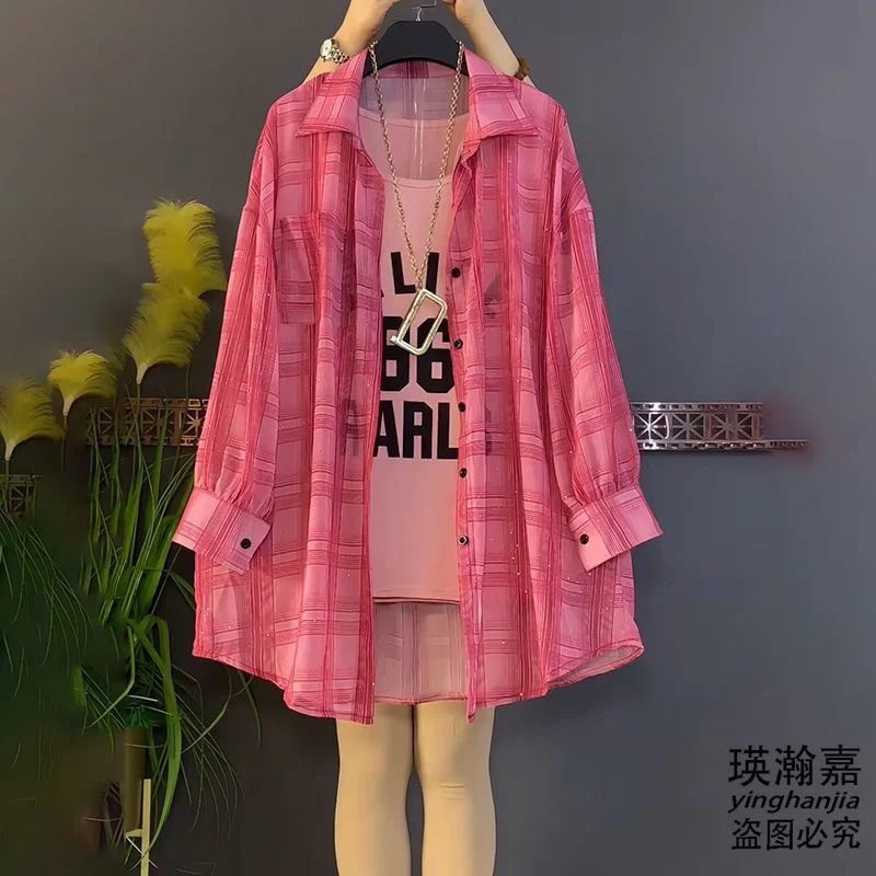 Nowa letnia moda 2026: szyfonowa kurtka chroniąca przed słońcem, damska, plus size, jasna koszula w kratę, zapinana na guziki, wiatrówka damska.