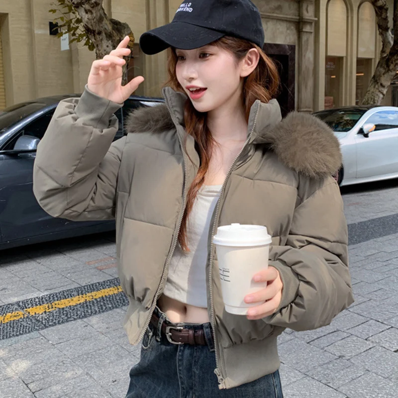 

Winter Women Cropped Fur Collar Jacket Women Y2K Korean Streetwear Short Down Cotton Parkas Trendy All Match Cotton Coat Woman
