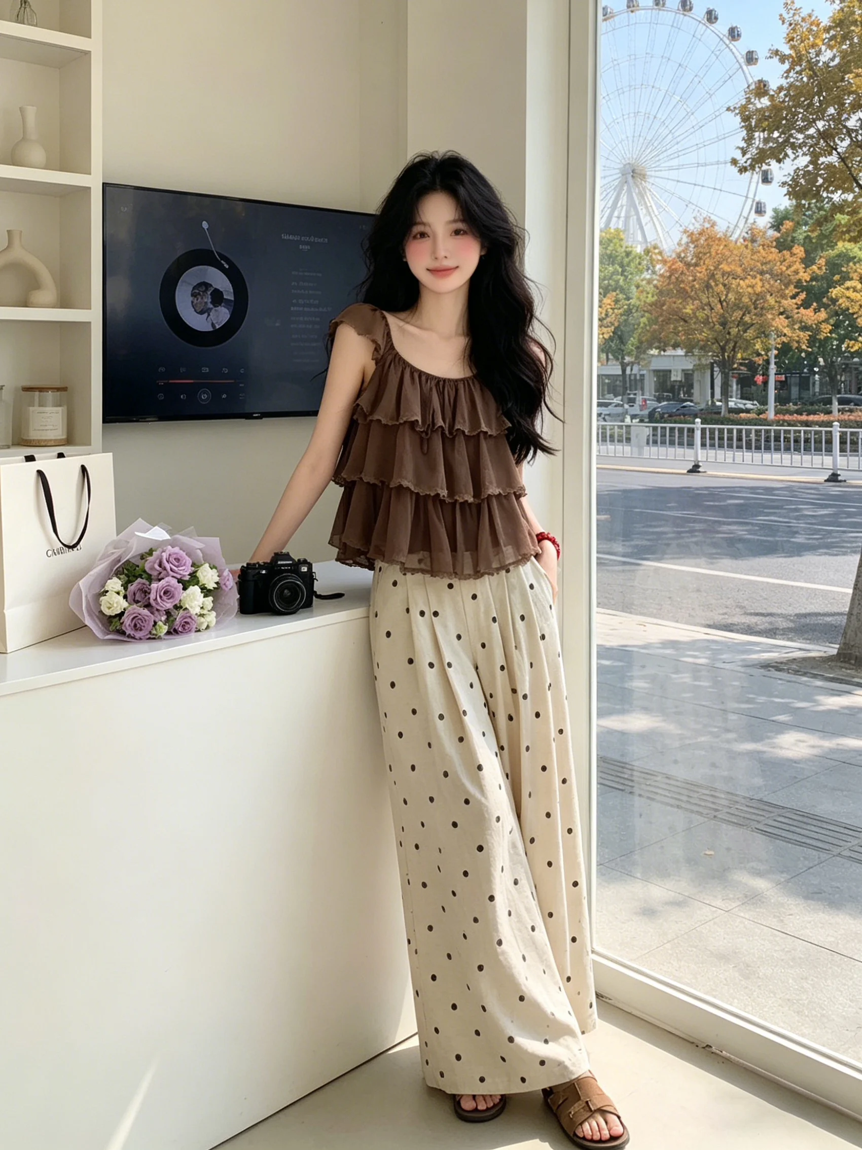 

Summer Beautiful Women's Vintage Coffee Color Lace Trim Miniature Set with Polka Dot Wide Leg Pants Two-Piece Suit Casual Wear