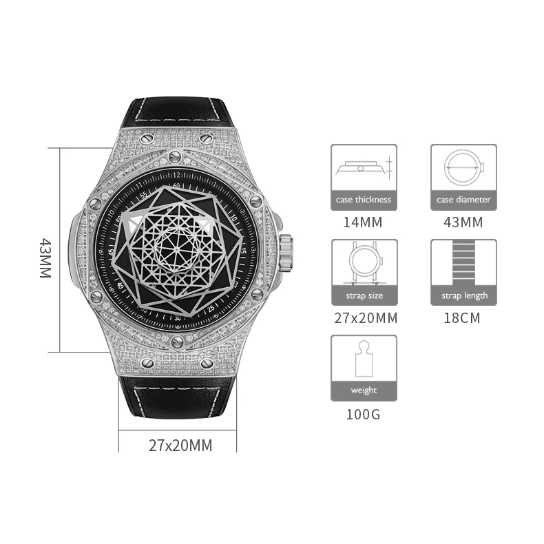 HANBORO Mens Luxury Watches 43MM Men Automatic Watch Fashion Mechanical Wristwatch Luminous Hands Hexagonal Bezel Crystal Case