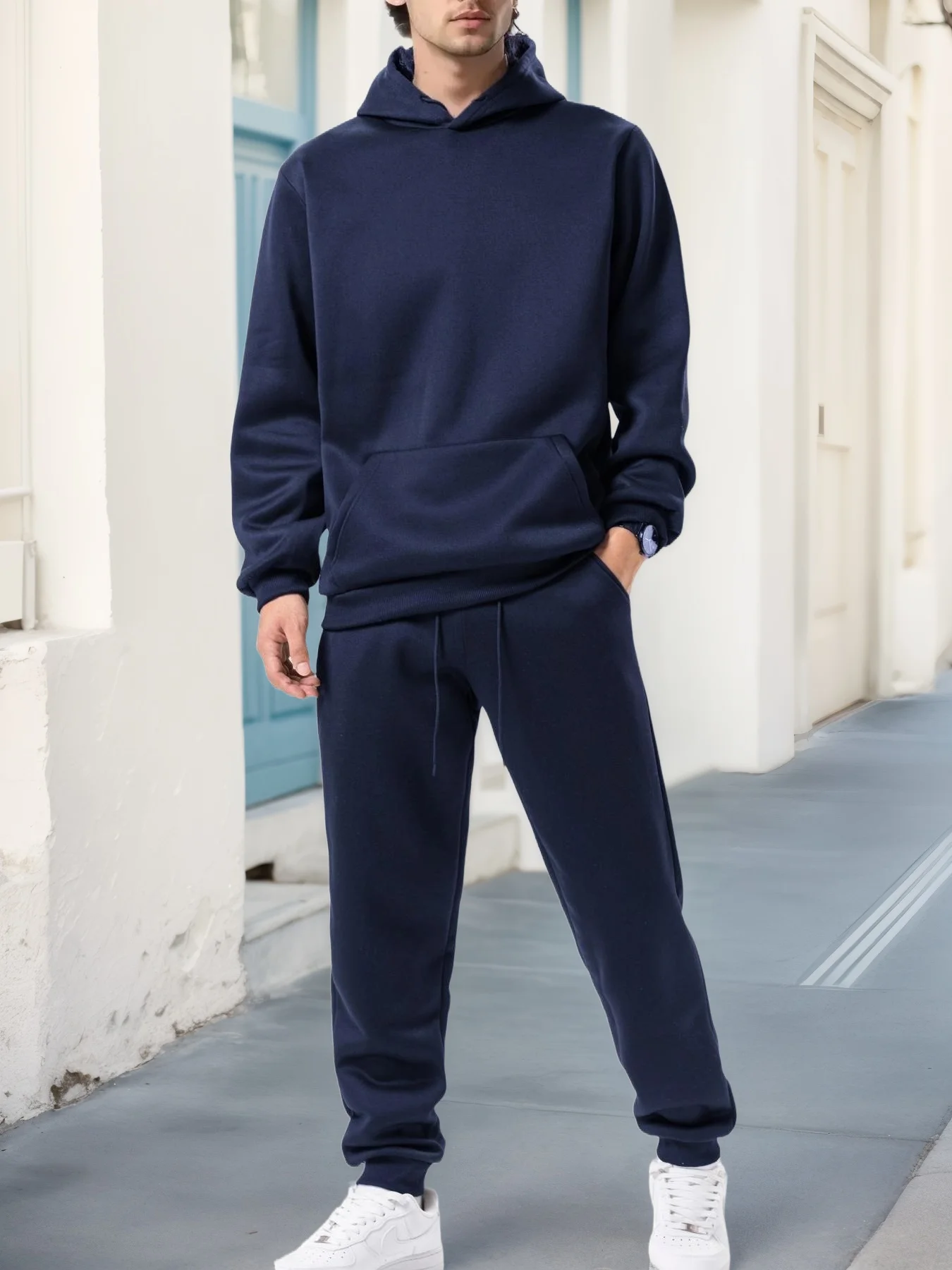 Felpa con cappuccio tinta unita autunno e inverno da uomo + pantaloni da jogging Set da due pezzi Tuta da uomo per abbigliamento sportivo casual all'aperto alla moda