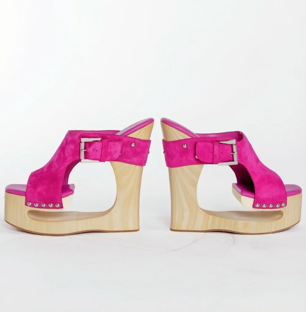 Pink Suede Cutout Wooden Platform Mule Heels Open Toe Single Wide Strap Adjustable Silver Buckle Metal Rivet Trim Wedge Heel ﻿