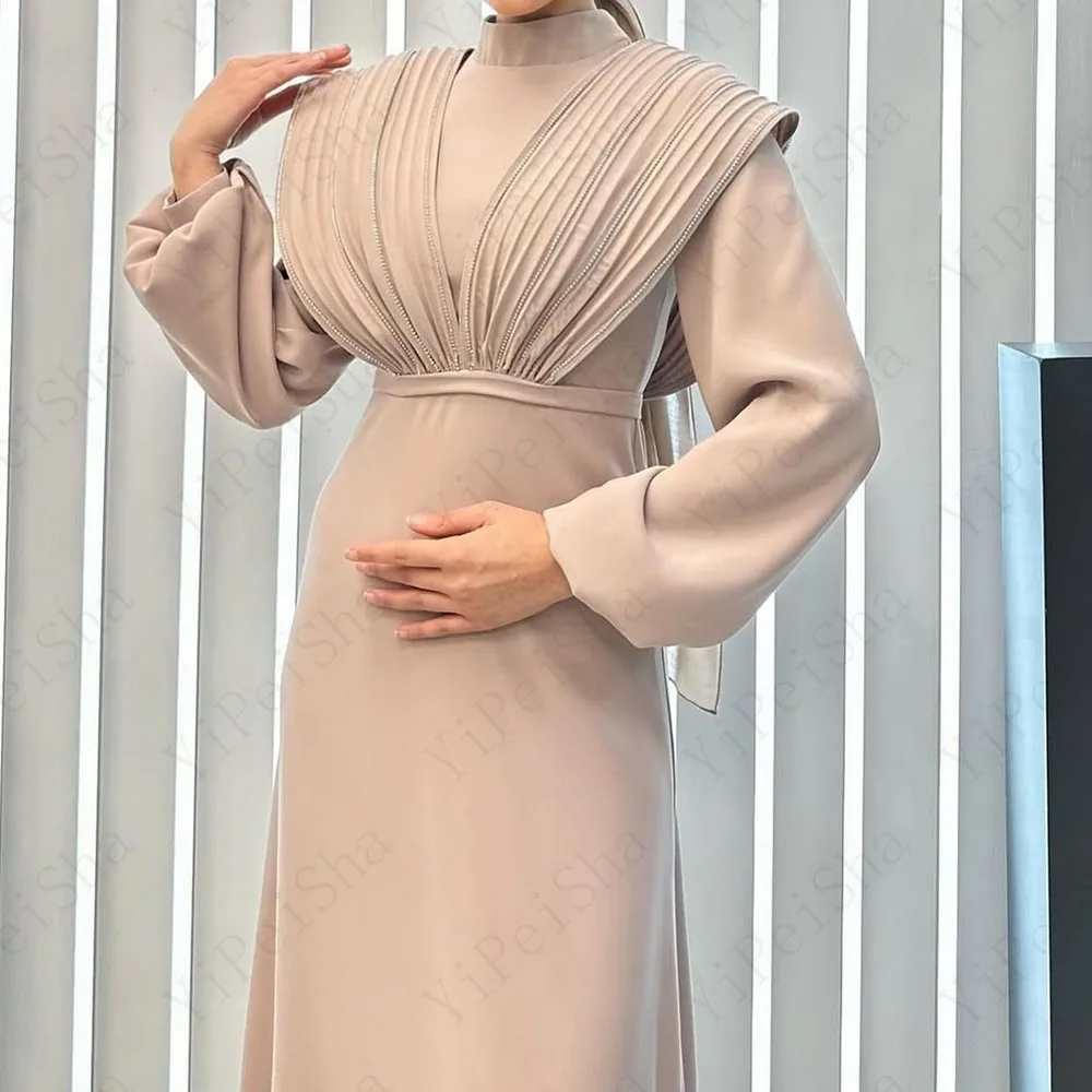 Customized A-Line Prom Dresses Floor-Length High-Neck Full Sleeve Evening Gown Fashion Stole Beading Simple Draped Party Gown
