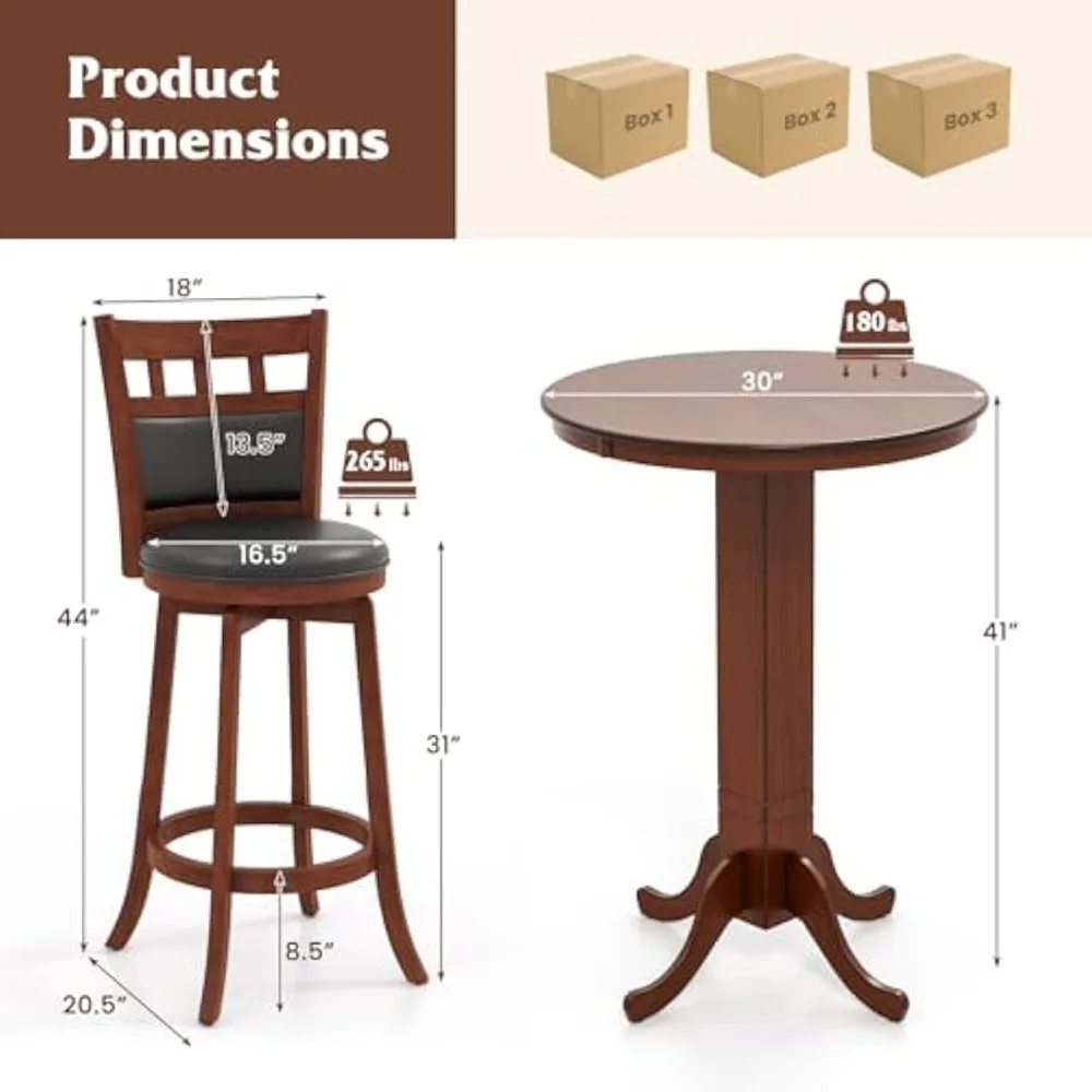 Juego de mesa y sillas de bar de 3 piezas, mesa redonda con altura de mostrador, 2 taburetes de bar giratorios tapizados, estructura de madera de caucho, redonda de granja