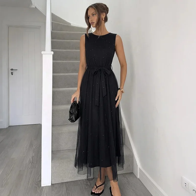  Summer New Women's Black Sparkle Star Tulle A-Line Maxi Dress Sleeveless O-Neck Waist Bow Belt Elegant Party Evening Gown