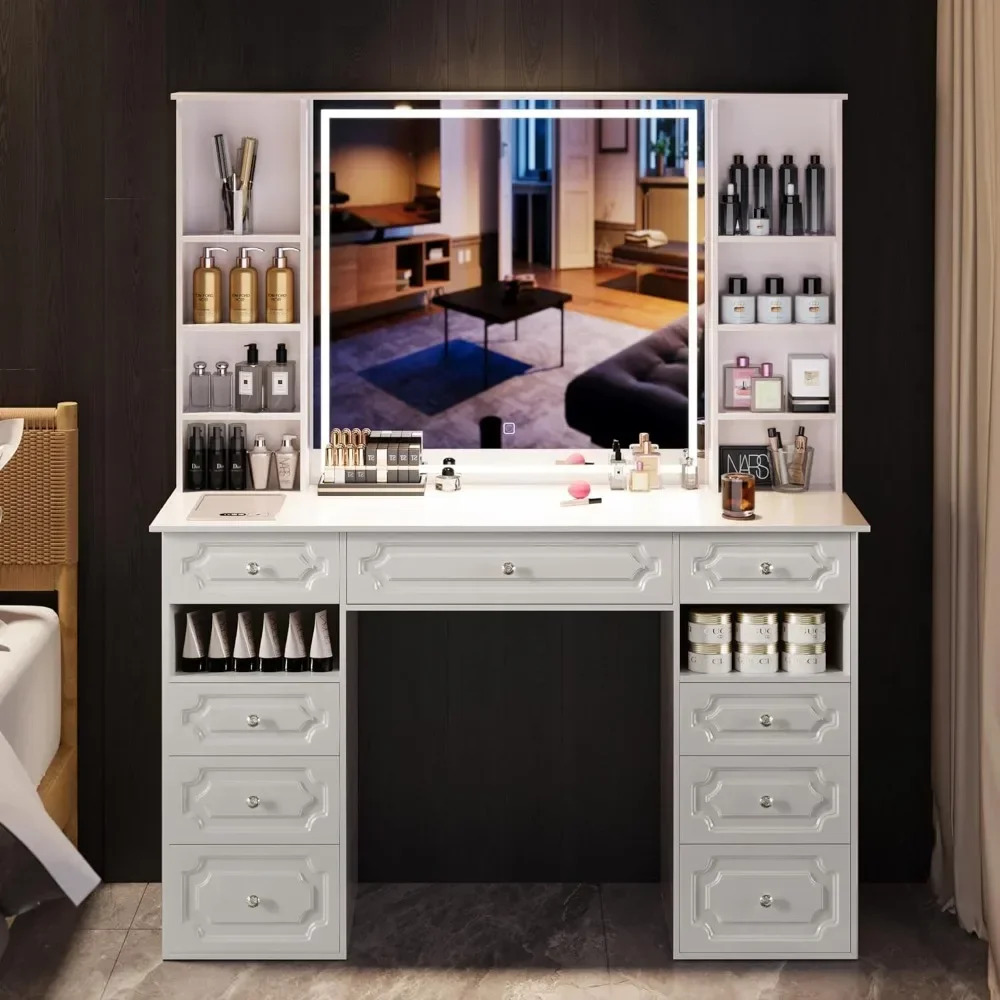 

Large Vanity Desk with Lighted Mirror & 9 Drawers, European Style Makeup Table, Crystal Knobs, Carvings, Perfect for Bedroom