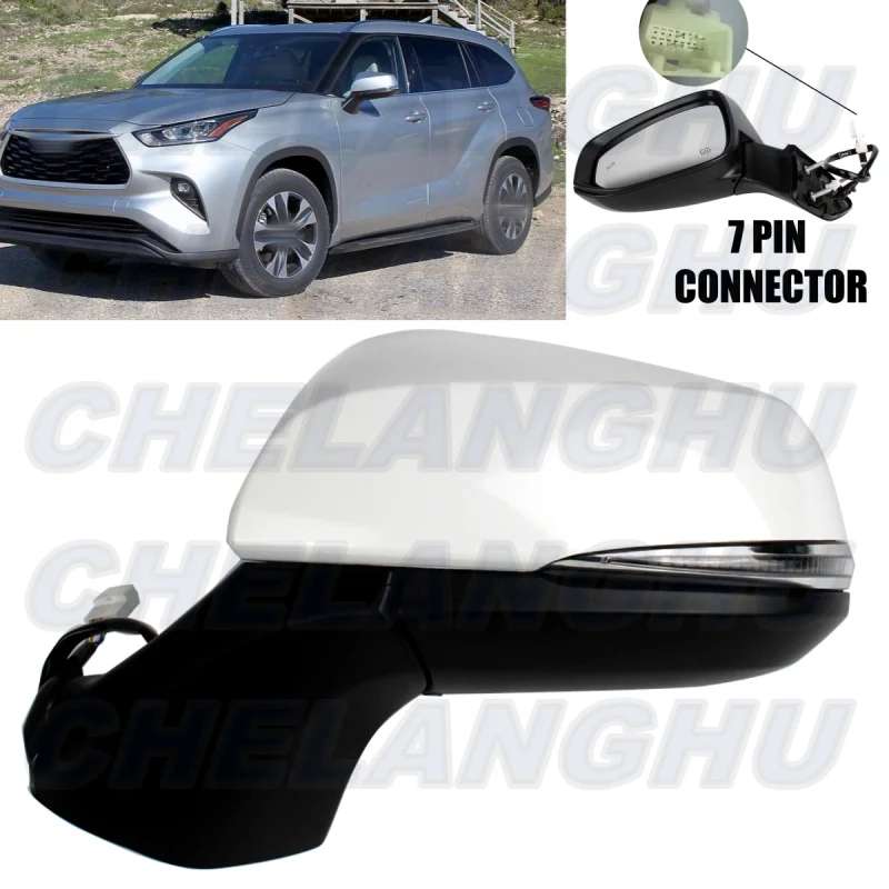 Mirror Assembly For Toyota Highlander 2020 2021 2022 2023 Left Side 7 Pins Pearl White Painted Heated Power Adjust Blind Spot